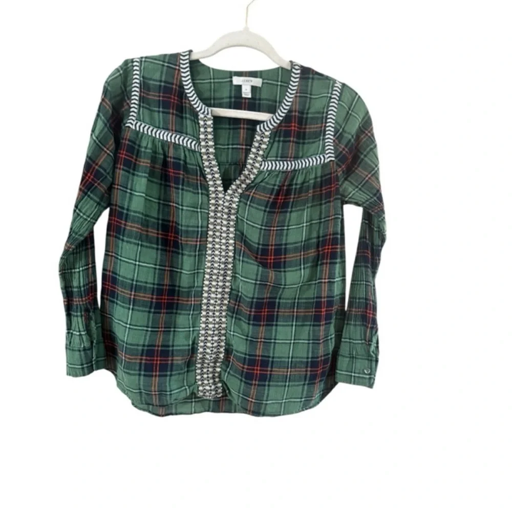 J. Crew Green Plaid Blouse with White Accents
